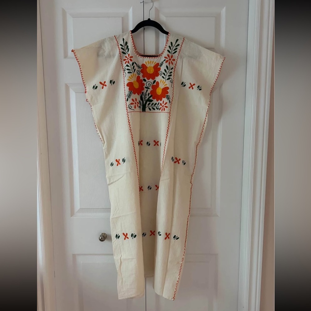 Mexican Embroidered Floral Cream Dress